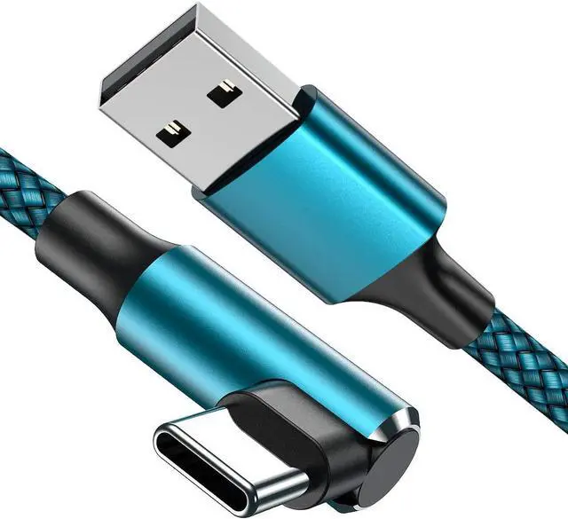 Main image of geekboy Type C Cable 90 Degrees Right Angle [3-Pack 10ft] Nylon Braided USB A to USB C Fast Charger Cord for Samsung S21 S20 S10 S10e S9 S8 Plus,Note 10 9 8, LG V30 V20-3 Pack, Cyan
