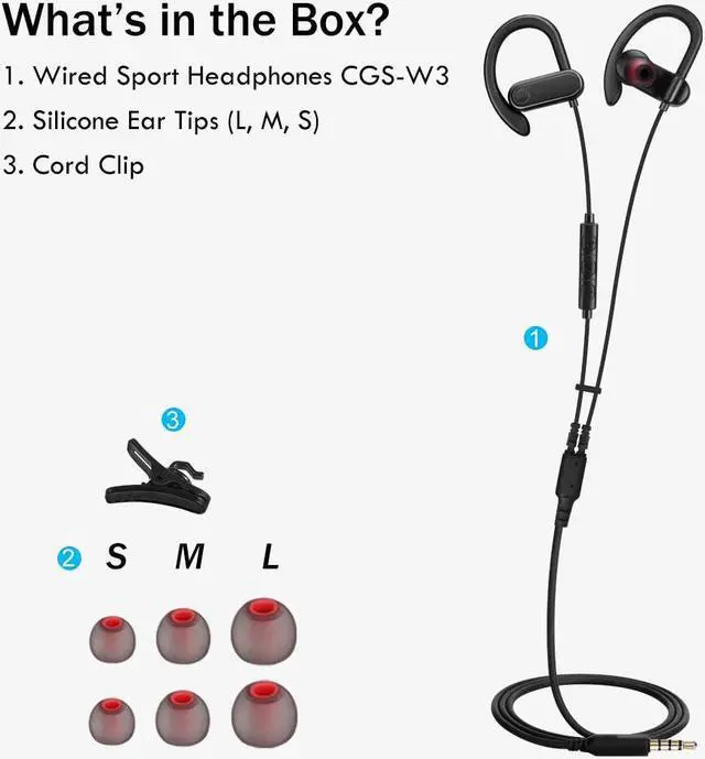 Alt view image 3 of 6 - Sport Headphones with Microphone Running Earbuds with Wrap-Around Ear Hooks Ideal for for Workout Gym Exercise Wired Earphones with 3.5mm Plug Compatible with Smartphone Tablet PC CGS-W3