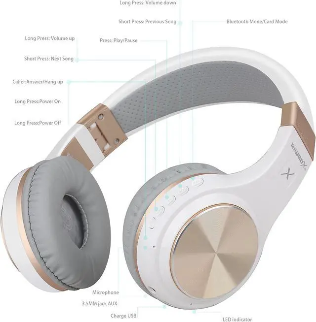 Alt view image 5 of 6 - Riwbox Bluetooth Headphones, XBT-80 Folding Stereo Wireless Bluetooth Headphones Over Ear with Microphone and Volume Control, Wireless and Wired Headset for PC/Cell Phones/TV/Gym (White Gold)