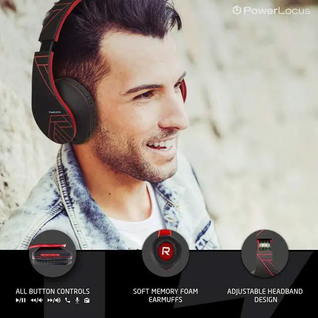 Alt view image 5 of 7 - PowerLocus Bluetooth Over-Ear Headphones, Wireless Stereo Foldable Headphones Wireless and Wired Headsets with Built-in Mic, Micro SD/TF, FM for iPhone/Samsung/iPad/PC (Black/Red)