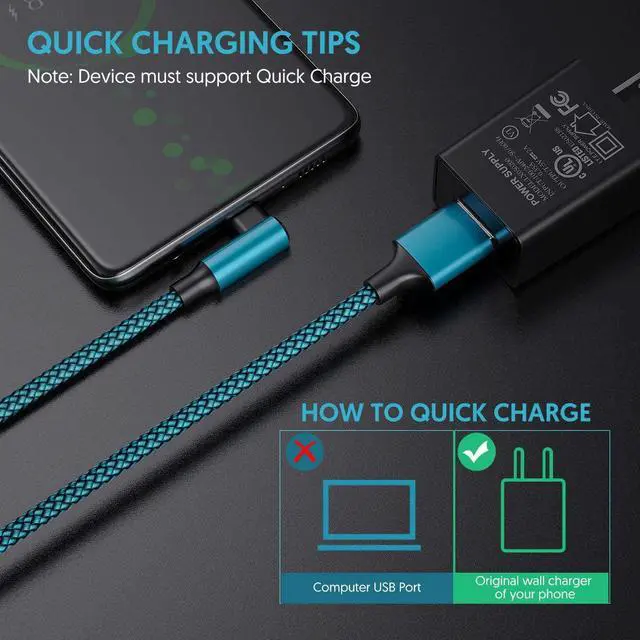 Alt view image 7 of 7 - geekboy Type C Cable 90 Degrees Right Angle [3-Pack 10ft] Nylon Braided USB A to USB C Fast Charger Cord for Samsung S21 S20 S10 S10e S9 S8 Plus,Note 10 9 8, LG V30 V20-3 Pack, Cyan