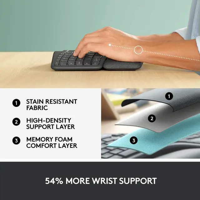 Alt view image 5 of 7 - Logitech ERGO K860 Split Ergonomic Keyboard - Wireless Connectivity - Bluetooth/RF - 32.81 ft - 2.40 GHz - USB Interface - Windows, Mac OS - AAA Battery Size Supported - Black