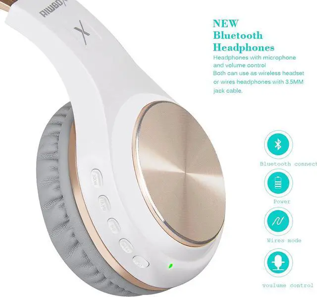 Alt view image 4 of 6 - Riwbox Bluetooth Headphones, XBT-80 Folding Stereo Wireless Bluetooth Headphones Over Ear with Microphone and Volume Control, Wireless and Wired Headset for PC/Cell Phones/TV/Gym (White Gold)
