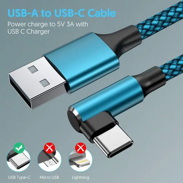 Alt view image 6 of 7 - geekboy Type C Cable 90 Degrees Right Angle [3-Pack 10ft] Nylon Braided USB A to USB C Fast Charger Cord for Samsung S21 S20 S10 S10e S9 S8 Plus,Note 10 9 8, LG V30 V20-3 Pack, Cyan