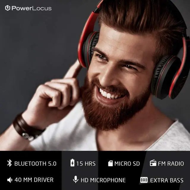 Alt view image 3 of 7 - PowerLocus Bluetooth Over-Ear Headphones, Wireless Stereo Foldable Headphones Wireless and Wired Headsets with Built-in Mic, Micro SD/TF, FM for iPhone/Samsung/iPad/PC (Black/Red)