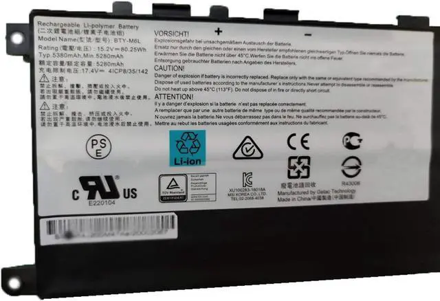 Alt view image 2 of 3 - SUNNEAR BTY-M6L Laptop Battery Replacement for MSI GS65 GS75 Stealth Thin 8SE 8SF 8SG 8RF 9SD 9SE 9SF 9SG PS63 Modern 8RC P65 Creator 8RD 8RE P75 GS60 MS-16Q2 MS-16Q3 Series Notebook 80.25Wh 5380mAh