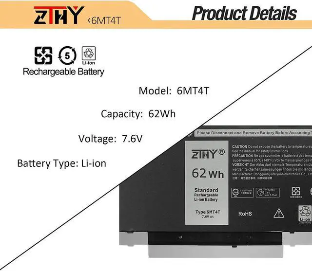 Alt view image 2 of 7 - ZTHY New 62WH 6MT4T Laptop Battery Replacement for Dell Latitude E5470 Latitude E5570 Precision 3510 Notebook PC, fits 7V69Y TXF9M 0C1P4 79VRK 07V69Y 451-BBUN 451-BBTW 7.6V 4Cell