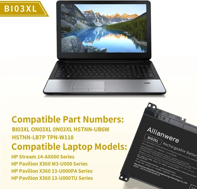Alt view image 3 of 7 - Allianwere BI03XL Laptop Battery Compatible with HP Stream 14-ax030wm 14-ax010nr HP Pavilion X360 13-U000 M3-U000 Series Ultrabook Notebook ON03XL 0N03XL HSTNN-UB6W TPN-W118 844203-850