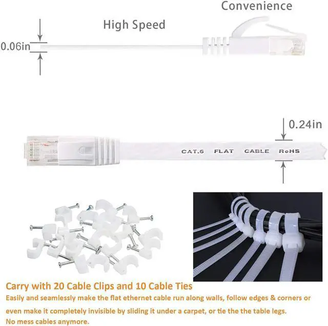 Alt view image 2 of 7 - Ethernet Cable 50 ft, Cat 6 LAN Cable Ethernet Cord, Slim Long Flat Computer Internet Patch Cord Wire with Clips & Rj45 Connectors for Router, Faster Than Cat5e/Cat5 (50ft White)