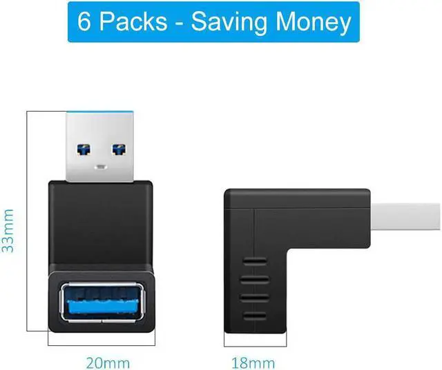 Alt view image 7 of 7 - 90 Degree USB 3.0 Adapter 6 Pack - Right Angle Male to Female Up/Down/Left/Right Connector - L Shaped Extension for PC Laptop Charger and More