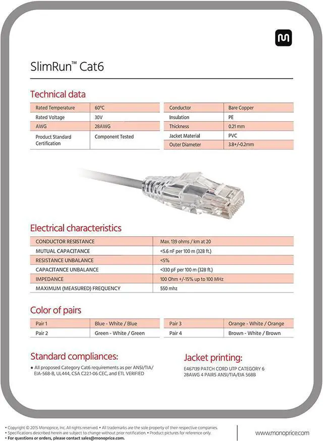 Alt view image 11 of 14 - Monoprice Cat6 Ethernet Patch Cable - 14 feet - Purple, Snagless RJ45 Stranded 550MHz UTP CMR Riser Rated Pure Bare Copper Wire 28AWG - SlimRun Series