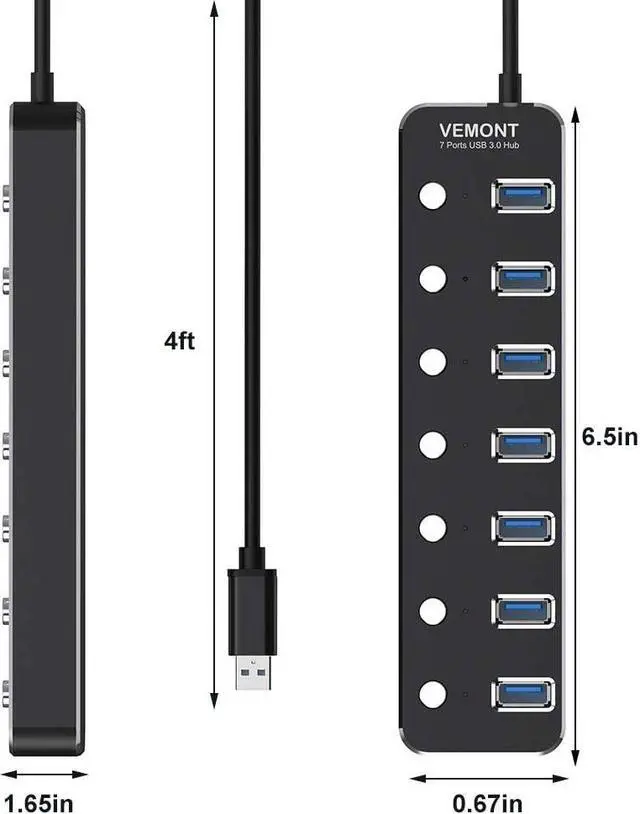 Alt view image 5 of 6 - USB hub, Aluminum USB 3.0 Data Hub with Individual On/Off Switches and LED Lights for Laptop, PC, Computer (4ft/120cm) (7port)