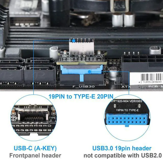 Alt view image 2 of 7 - South City Mall USB 3.0 Front 19PIN to 3.1 Type-C Front Panel Header Type-E Adapter 20 to 19 Pin Expansion Card for Computer Mainboard