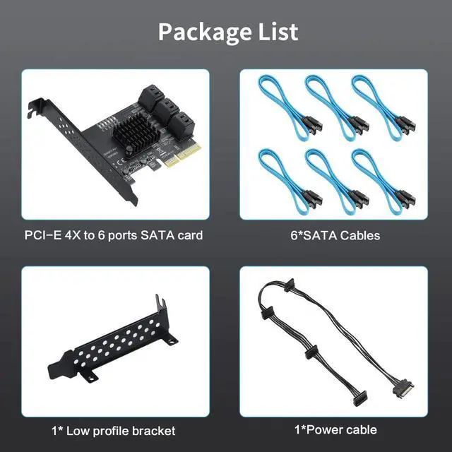 Alt view image 7 of 7 - PCIE 4X to 6 SATA Expansion Card, 6Gbps SATA3.0 Controller Card with LED Monitor Indicator, 6 SATA Cables, SATA 15 PIN 1 to 4 Power Cable for Win10/8/7/ XP/Vista/Lnux-ASM1166