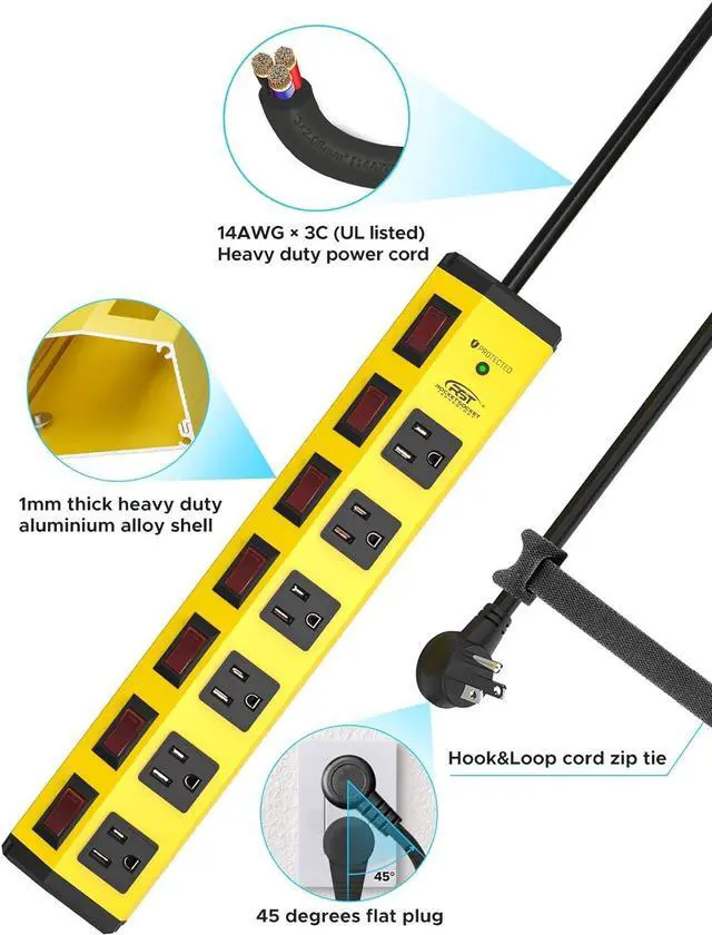 Alt view image 4 of 7 - CRST 6-Outlet Heavy Duty Metal Power Strip with Individual Switches, 15AMP/1875W Surge Protector Power Strip(1200 Joules) for Home Garage Office Kitchen School, 6FT 14AWG Cord (Yellow)