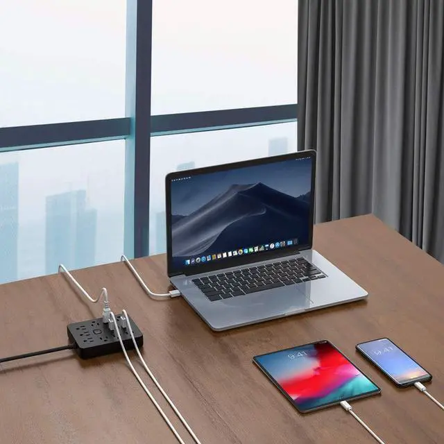 Alt view image 7 of 7 - Power Strip Surge Protector with 9 Outlet 3 USB Ports, Fireproof Desktop Charging Station with Flat Plug Wall Mount 5 ft Long Extension Cords for Home and Office, Black