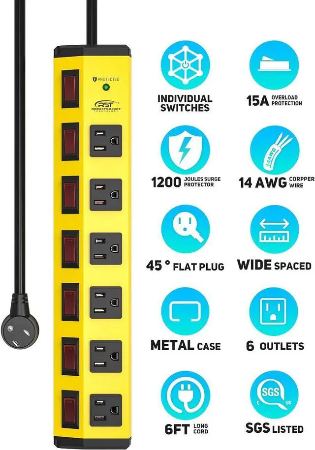 Alt view image 2 of 7 - CRST 6-Outlet Heavy Duty Metal Power Strip with Individual Switches, 15AMP/1875W Surge Protector Power Strip(1200 Joules) for Home Garage Office Kitchen School, 6FT 14AWG Cord (Yellow)