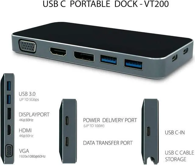 Alt view image 14 of 20 - VisionTek USB C Portable Dock - for Notebook/Desktop PC - 100 W - USB Type C - 5 x USB Ports - 2 x USB 3.0 - HDMI - VGA - DisplayPort - Wired