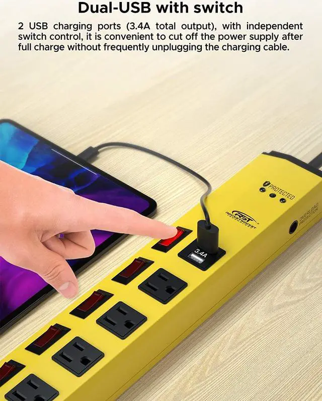 Alt view image 3 of 7 - Surge Protector Power Strip with USB Individual Switches and Flat Plug CRST ECO-Friendly 6-Outlet Metal Heavy Duty Power Strip (1200 Joules) Circuit Breaker 6-Feet 14AWG Cord (with Fastening Tie)