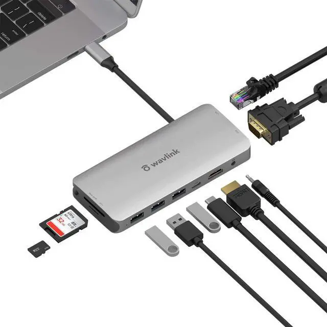 Main image of WAVLINK USB C Hub, 10-in-1 Type C Adapter Mini Docking Station with 4K 30Hz HDMI, 2K 60Hz VGA, RJ45 Ethernet, 3 USB 3.0, SD/TF Card Reader, 3.5mm Audio Jack, 87W PD for Windows Mac and More