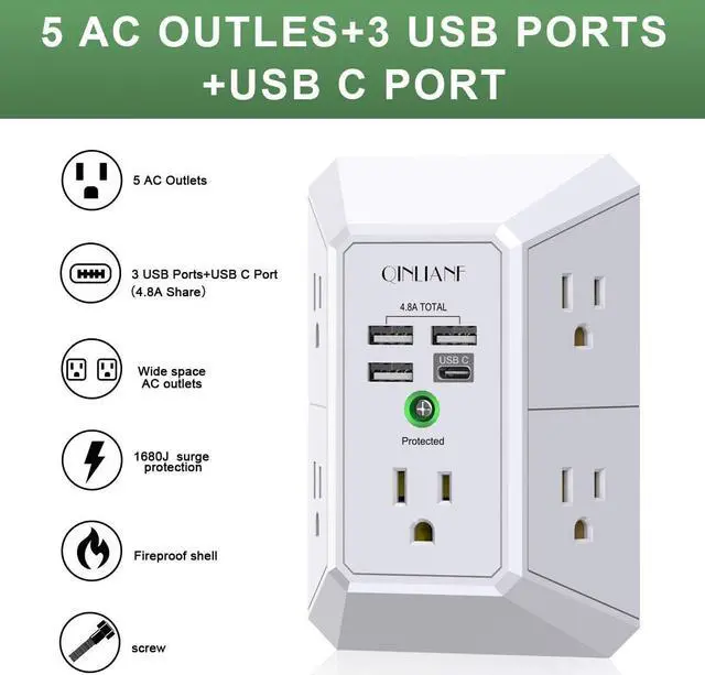 Alt view image 2 of 7 - Wall Charger, Surge Protector, QINLIANF 5 Outlet Extender with 4 USB Charging Ports (4.8A Total) 3-Sided 1680J Power Strip Multi Plug Adapter Spaced for Home Travel Office (3U1C)