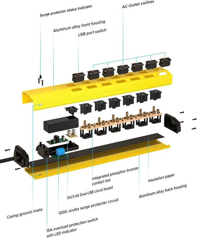 Alt view image 7 of 7 - Surge Protector Power Strip with USB Individual Switches and Flat Plug CRST ECO-Friendly 6-Outlet Metal Heavy Duty Power Strip (1200 Joules) Circuit Breaker 6-Feet 14AWG Cord (with Fastening Tie)