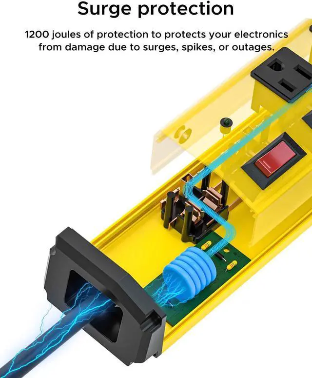 Alt view image 5 of 7 - CRST 6-Outlet Heavy Duty Metal Power Strip with Individual Switches, 15AMP/1875W Surge Protector Power Strip(1200 Joules) for Home Garage Office Kitchen School, 6FT 14AWG Cord (Yellow)