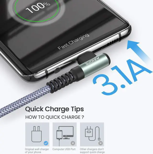 Alt view image 3 of 7 - 2-Pack USB C Cable 3.1A Fast Charge AINOPE [6.6ft+6.6ft] USB Type C Cable Right Angle Durable Nylon Braided USB A to USB C Cord Compatible Galaxy S20 Note 9 8 S9 S8 Plus S10 V30V20G6