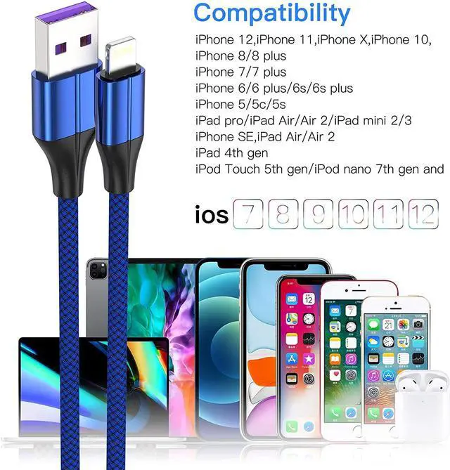 Alt view image 7 of 7 - iPhone Charger Cable [MFi Certified] (3 Pack 10 Foot) Nylon Braided Lightning Cable iPhone Charging Cord USB Cable Compatible with iPhone 11/Pro/X/Xs Max/XR/8 Plus /7 Plus/6/ iPad Blue