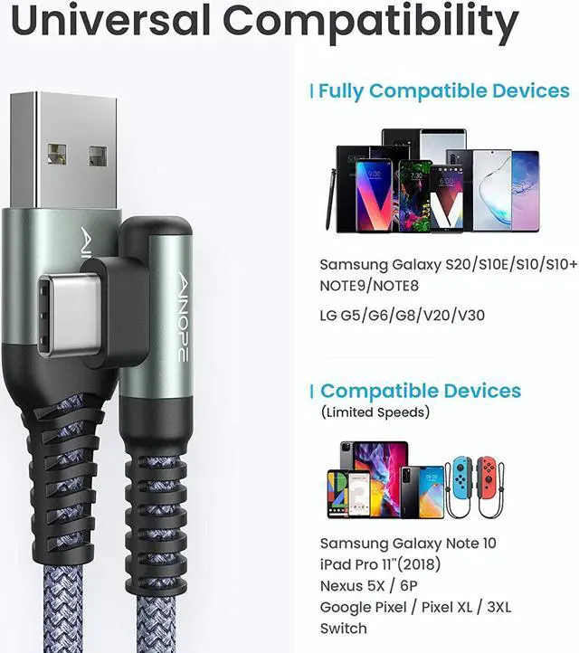 Alt view image 7 of 7 - 2-Pack USB C Cable 3.1A Fast Charge AINOPE [6.6ft+6.6ft] USB Type C Cable Right Angle Durable Nylon Braided USB A to USB C Cord Compatible Galaxy S20 Note 9 8 S9 S8 Plus S10 V30V20G6
