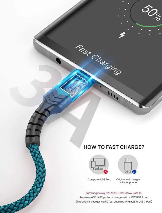 Alt view image 3 of 7 - USB Type C Cable 3A Fast Charging [2-Pack 3.3ft] JSAUX USB-A to USB-C Charge Braided Cord Compatible with Samsung Galaxy S10 S9 S8 S20 Plus A51 A11 Note 10 9 8 PS5 Controller USB C Charger -Green