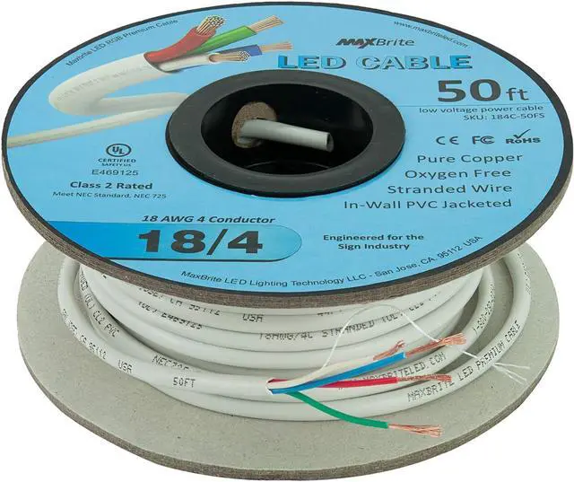 Alt view image 2 of 6 - 18AWG Low Voltage LED Cable 4 Conductor In-Wall Jacketed Pure Copper Speaker Wire UL/cUL Class 2 (50ft. Spool)