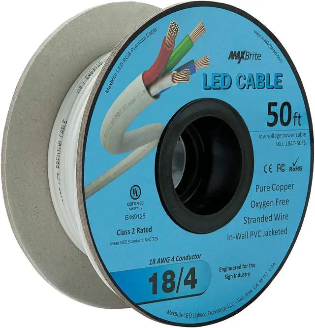 Alt view image 3 of 6 - 18AWG Low Voltage LED Cable 4 Conductor In-Wall Jacketed Pure Copper Speaker Wire UL/cUL Class 2 (50ft. Spool)