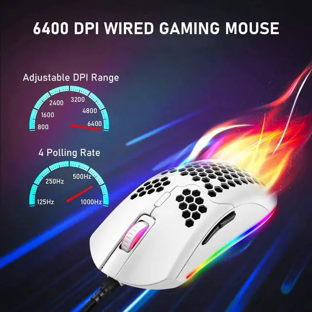 Alt view image 5 of 7 - Lightweight Gaming Mouse Wired, 6400DPI Mice Backlit Mice with 7 Buttons Programmable Driver,Ultralight Honeycomb Shell Ultraweave Cable Mouse Compatible with PC Gamers and Xbox and PS4 -White