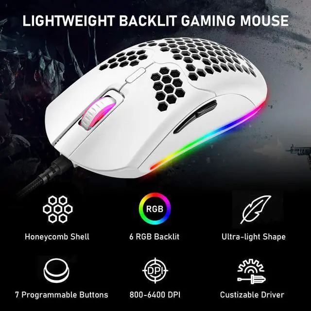 Alt view image 2 of 7 - Lightweight Gaming Mouse Wired, 6400DPI Mice Backlit Mice with 7 Buttons Programmable Driver,Ultralight Honeycomb Shell Ultraweave Cable Mouse Compatible with PC Gamers and Xbox and PS4 -White