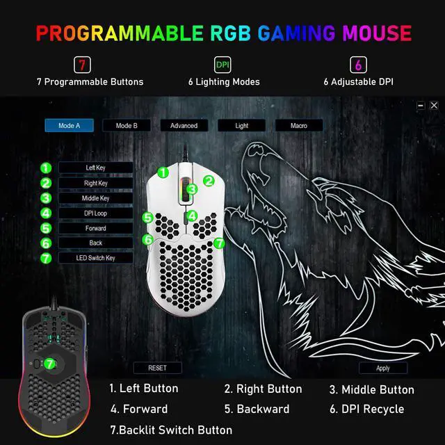 Alt view image 7 of 7 - Lightweight Gaming Mouse Wired, 6400DPI Mice Backlit Mice with 7 Buttons Programmable Driver,Ultralight Honeycomb Shell Ultraweave Cable Mouse Compatible with PC Gamers and Xbox and PS4 -White