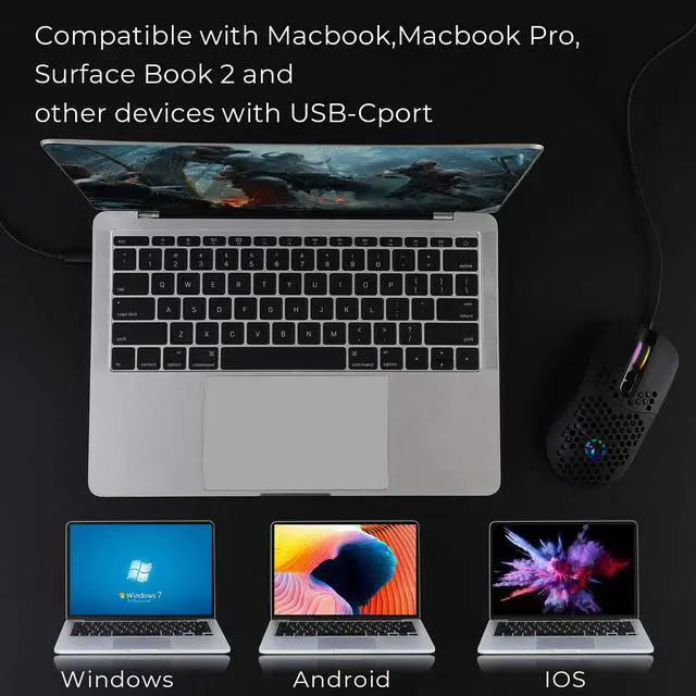 Alt view image 7 of 7 - HXMJ Wired USB C Gaming Mice,Lightweight Honeycomb Shell,7200DPI,5 RGB Backlit for Apple MacBook,Computer or Laptops with Type C Port