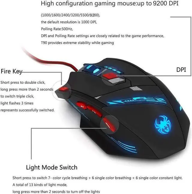 Alt view image 3 of 7 - Zelotes T90 Professional 9200 DPI High Precision USB Wired Gaming Mouse,8 Buttons,With 7 kinds modes of LED Colorful Breathing Light, Weight Tuning Set (Black)
