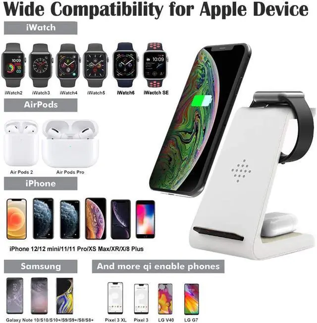 Alt view image 2 of 7 - Wireless Charger Stand 3 in 1 Wireless Charging Station for Apple Watch SE/6/5/4/3/2 Airpods 2/ Pro Premium Qi-Certified Fast Cordless Charger for iPhone 12/11/Xs/X Max/XR/X/8/8Plus/Samsung S9/Note9
