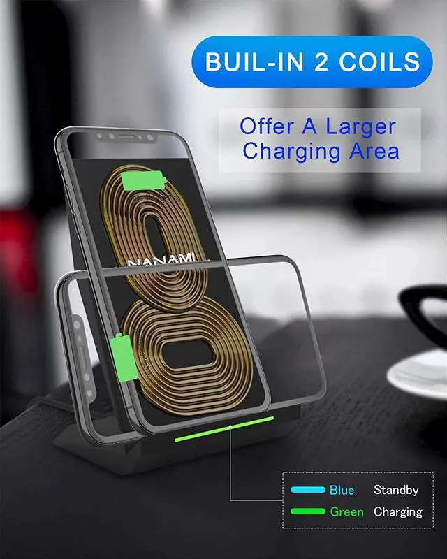 Alt view image 4 of 6 - Fast Wireless Charger, [2 Pack] NANAMI Qi Certified Wireless Charging Stand Compatible iPhone 15/14/13/12/11 Pro/XS Max/XR/8, Samsung Galaxy S24/S23/S22/S21/S20/S10/S9/Note 20/10 and Qi-Enabled Phone