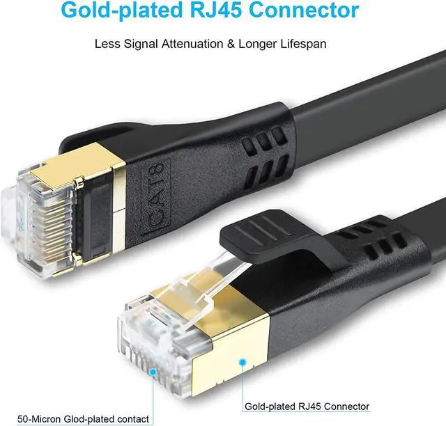 Alt view image 3 of 7 - CAT 8 Ethernet Cable, 2 Pack 10ft High Speed 40Gbps 2000MHz Flat CAT8 Patch Cord, Gigabit Internet LAN Cable with Gold Plated RJ45 Connector for Gaming, Modem, Router, Xbox, PC (10ft 2 Pack Black)