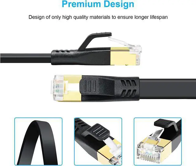 Alt view image 6 of 7 - CAT 8 Ethernet Cable, 2 Pack 10ft High Speed 40Gbps 2000MHz Flat CAT8 Patch Cord, Gigabit Internet LAN Cable with Gold Plated RJ45 Connector for Gaming, Modem, Router, Xbox, PC (10ft 2 Pack Black)
