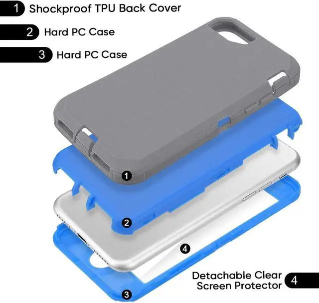 Alt view image 2 of 7 - for iPhone SE 2020/2022 iPhone 7/8 Case 3 in 1 Full Body Heavy Duty Defender Shockproof Hard Bumpe Soft Silicone Cover with Screen Protector(Gray/Blue)