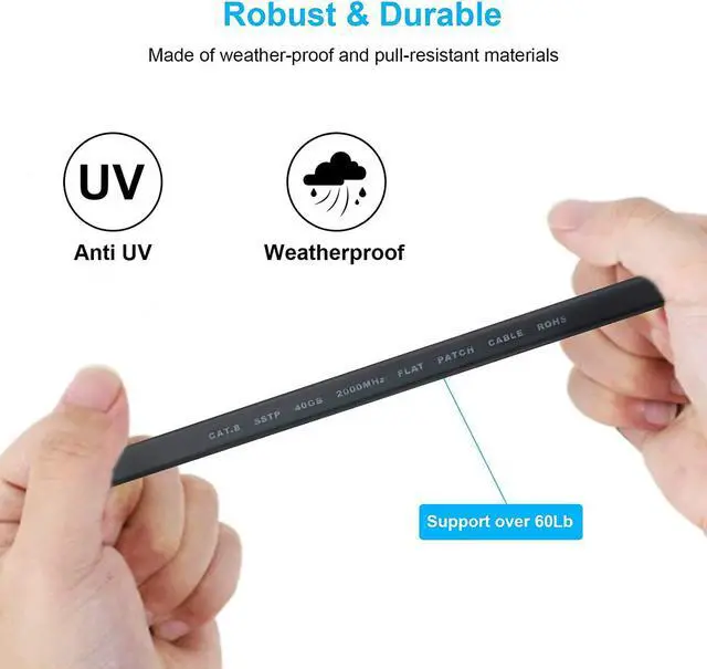 Alt view image 7 of 7 - CAT 8 Ethernet Cable, 2 Pack 10ft High Speed 40Gbps 2000MHz Flat CAT8 Patch Cord, Gigabit Internet LAN Cable with Gold Plated RJ45 Connector for Gaming, Modem, Router, Xbox, PC (10ft 2 Pack Black)