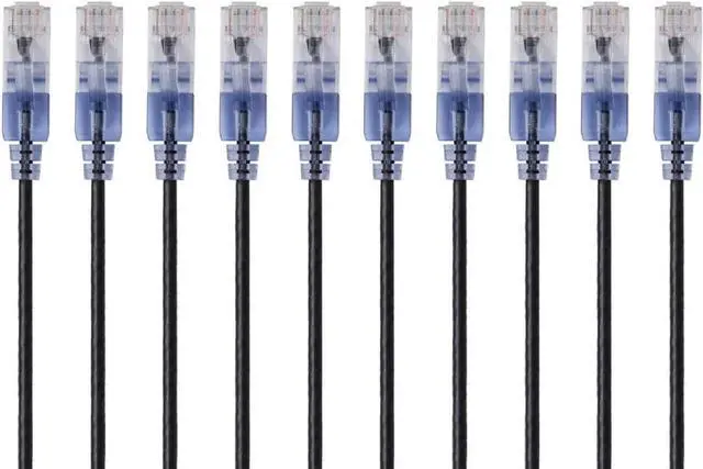 Main image of Monoprice SlimRun Cat6A Ethernet Patch Cable - Network Internet Cord - RJ45, Stranded, 550Mhz, UTP, Pure Bare Copper Wire, 10G, 30AWG , 10ft, Black, 10-Pack