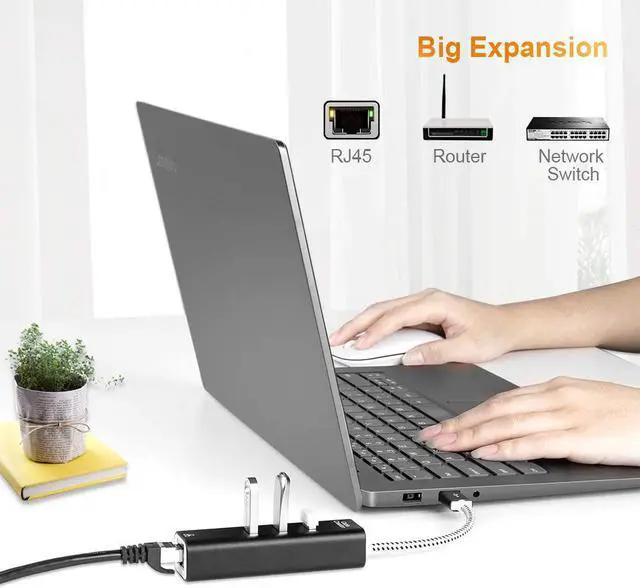 Alt view image 2 of 7 - CableCreation 3-Port USB 3.0 Hub with Ethernet Adapter 10/100/1000 Mbps Gigabit Compatible Windows PC, Laptop, MacBook Pro,USB Flash Drives etc, Aluminum Black