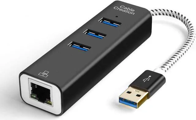 Main image of CableCreation 3-Port USB 3.0 Hub with Ethernet Adapter 10/100/1000 Mbps Gigabit Compatible Windows PC, Laptop, MacBook Pro,USB Flash Drives etc, Aluminum Black