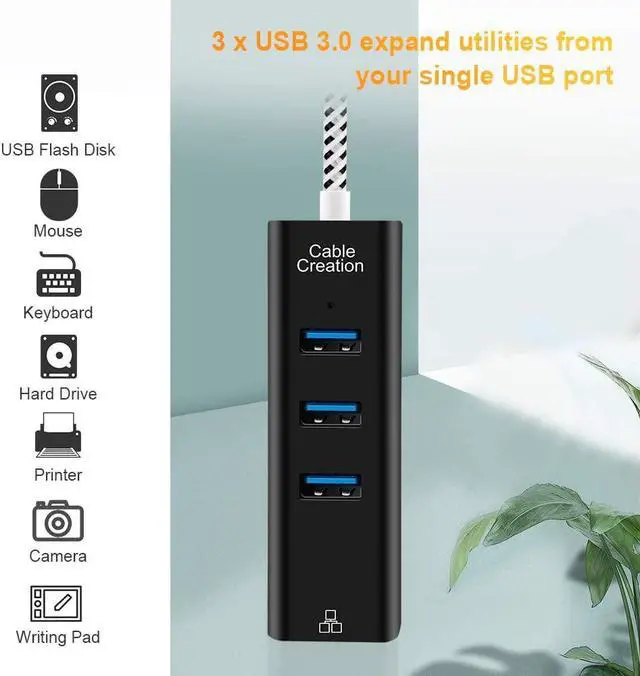 Alt view image 5 of 7 - CableCreation 3-Port USB 3.0 Hub with Ethernet Adapter 10/100/1000 Mbps Gigabit Compatible Windows PC, Laptop, MacBook Pro,USB Flash Drives etc, Aluminum Black