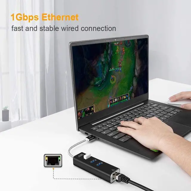 Alt view image 4 of 7 - CableCreation 3-Port USB 3.0 Hub with Ethernet Adapter 10/100/1000 Mbps Gigabit Compatible Windows PC, Laptop, MacBook Pro,USB Flash Drives etc, Aluminum Black