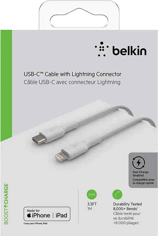 Alt view image 13 of 20 - BELKIN CAA003bt1MWH White BOOST CHARGE USB-C Cable with Lightning Connector